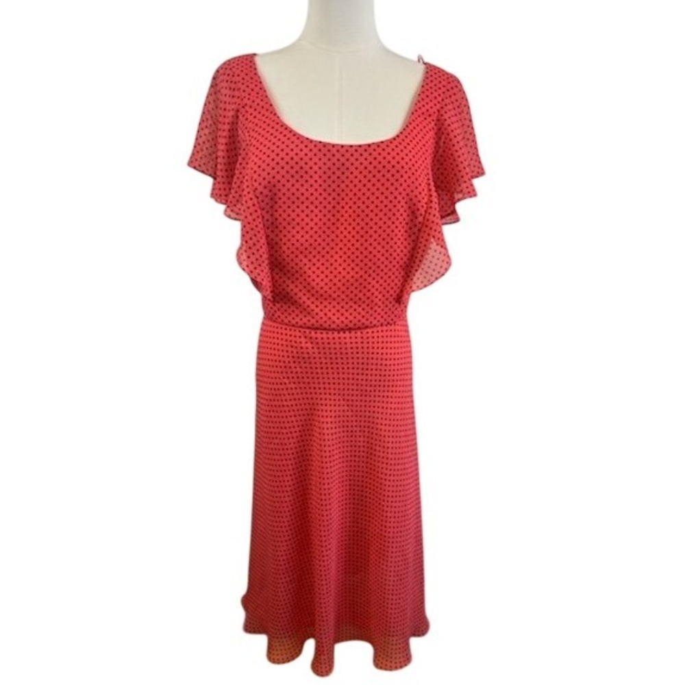 Adrianna Papell Coral Pink Polka Dot Chiffon Flutter Sleeve Midi Dress Size 16
